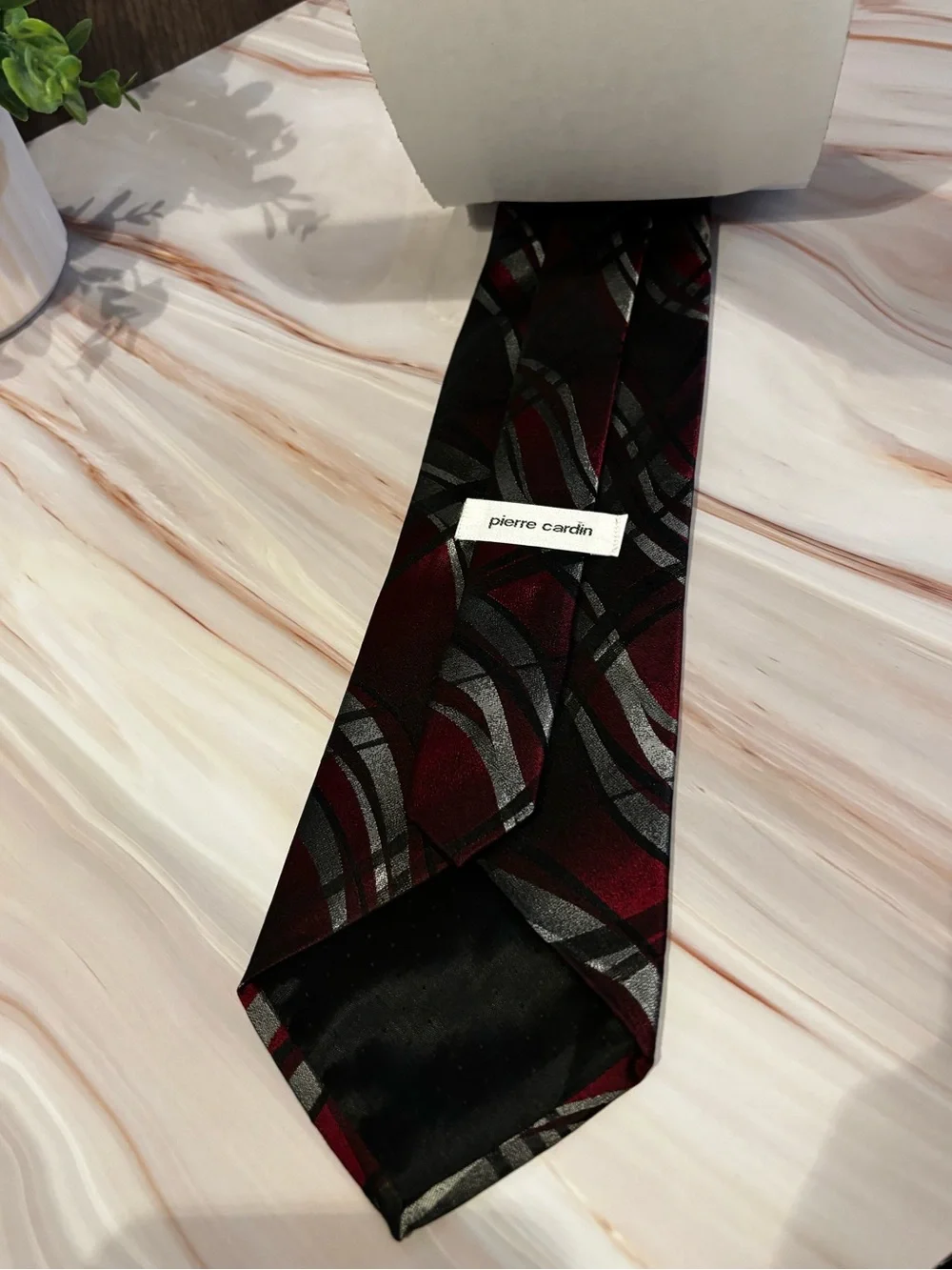 Pierre Cardin Maroon Tie with Silver and Black Wave Pattern
